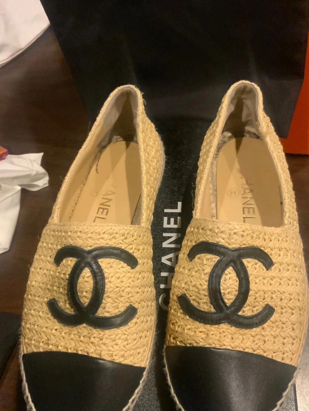 CHANEL Beige and Black Raffia Espadrille Flats with Leather Cap Toe
